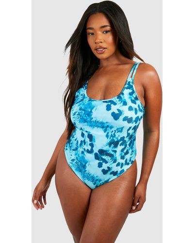 Boohoo Plus Abstract Animal Strappy Bathing Suit - Blue