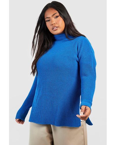 Boohoo Plus Roll Neck Side Split Sweater - Blue