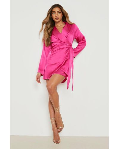 Boohoo Satin Collared Wrap Dress - Pink