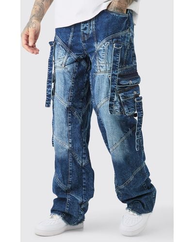 BoohooMAN Tall Baggy Rigid Strap And Buckle Detail Jeans - Blue