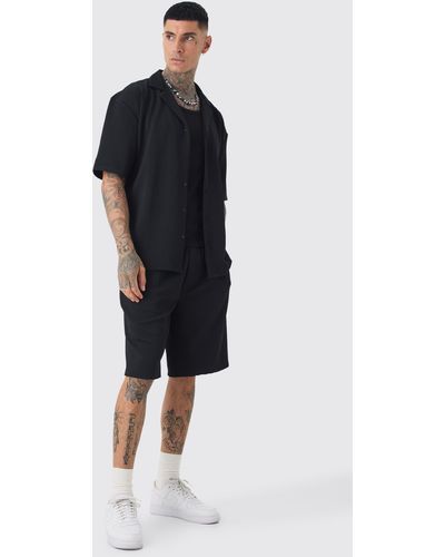 Boohoo Tall Herringbone Detail Shirt & Short Set In Black - Blue