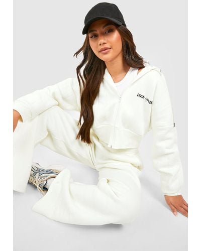 Boohoo Dsgn Studio Cropped Zip Thru Hoodie And Striaght Leg Jogger Tracksuit - White