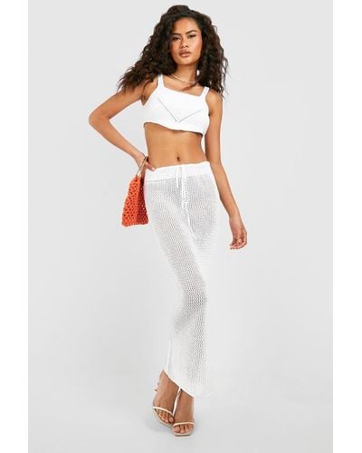 Boohoo Crochet Corset Hem Crop Top And Maxi Skirt Set - White