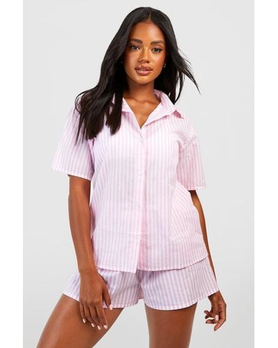 Boohoo Cotton Pinstripe Oversized Short Sleeve Pyjama Shirt - White