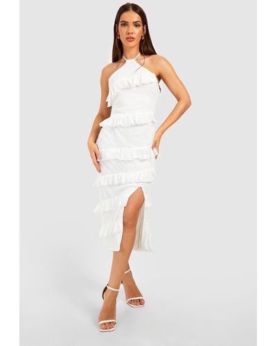 Boohoo Halterneck Ruffle Midaxi Dress - White