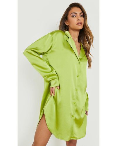 Boohoo Satin Oversized Shirt Dress - Green