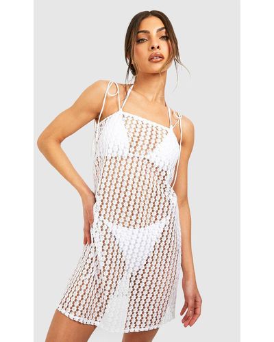 Boohoo Lace Tie Mini Swing Beach Dress - White