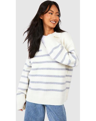 Boohoo Soft Knit Stripe Polo Collar Sweater - White