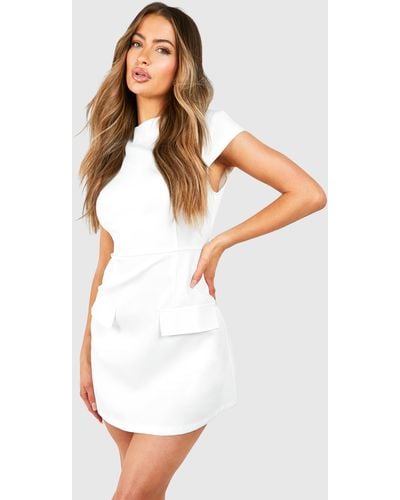 Boohoo High Neck Structured Tailored Mini Dress - Blanco