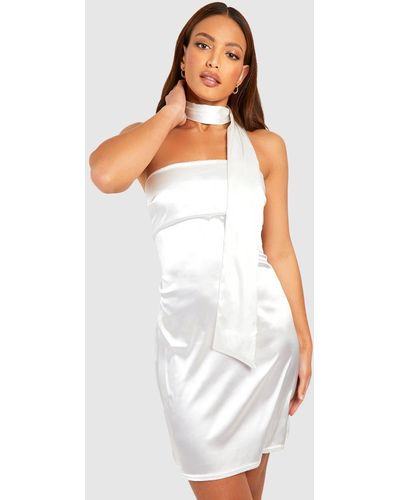 Boohoo Tall Satin Bandeau Mini Dress With Choker Necktie - White