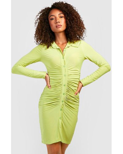 Boohoo Tall Slinky Button Front Ruched Mini Shirt Dress - Green