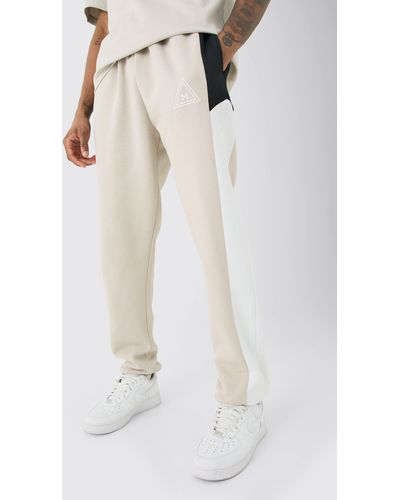 BoohooMAN Tall Colour Block Branded Joggers In Stone - Weiß