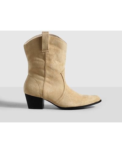 Boohoo Wide Fit Basic Tab Detail Western Cowboy Ankle Boots - Natural
