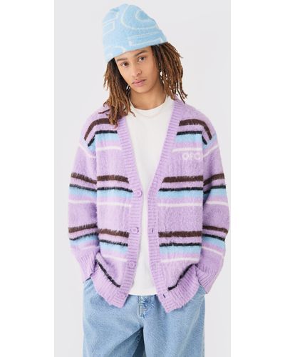 BoohooMAN Boxy Fluffy Striped Knitted Cardigan In Lilac