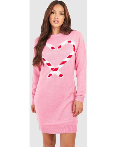 Boohoo Tall Candy Cane Christmas Sweater Dress - Pink