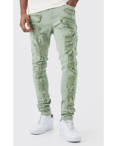 BoohooMAN Tall Skinny Stretch Jeans mit Rissen - Grün