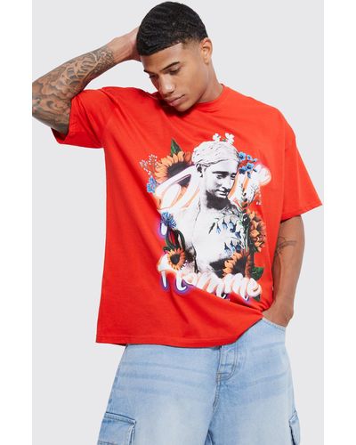 Boohoo Oversized Pour Homme Floral Statue T-shirt - Red