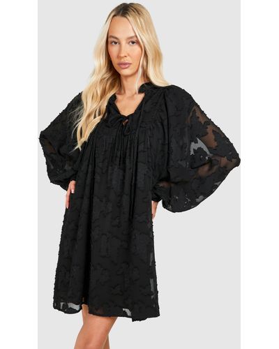 Boohoo Tall Burnout Floral Tie Front Smock Dress - Black