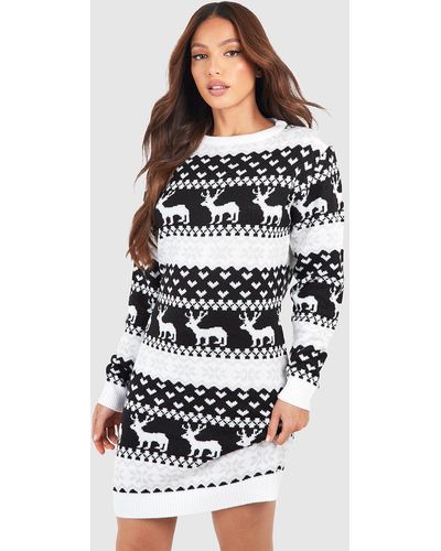 Boohoo Tall Hearts And Reindeer Fairisle Christmas Sweater Dress - White