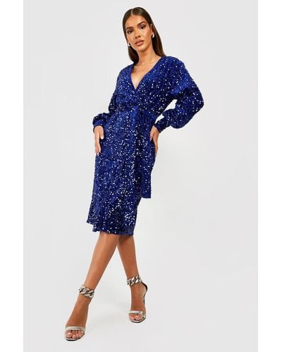 Boohoo Sequin Wrap Belted Midi Party Dress - Blue
