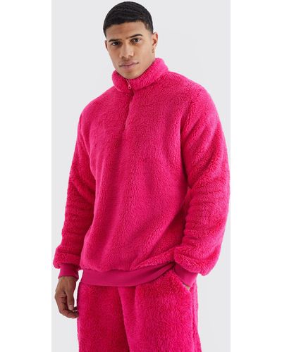 BoohooMAN Oversized Borg Funnel Neck Sweatshirt - Pink