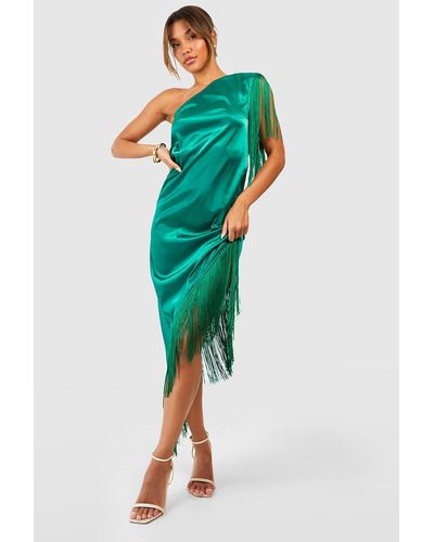 Boohoo Satin Fringe Trim One Shoulder Midaxi Dress - Green