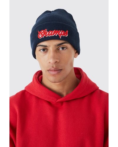 BoohooMAN Champs Varsity Beanie - Red