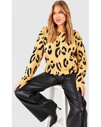 Boohoo Plus Leopard Knitted Sweater - Natural