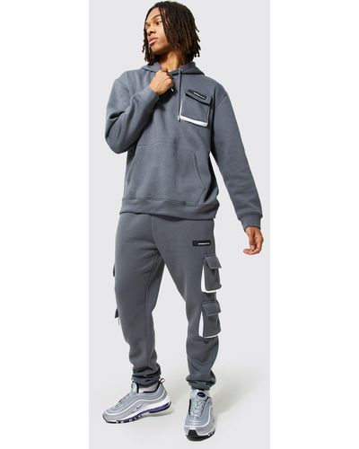 BoohooMAN Oversized Official Man Hooded Cargo Tracksuit - Grey