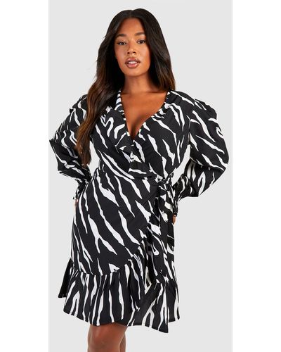 Boohoo Plus Zebra Long Sleeve Wrap Dress - Black