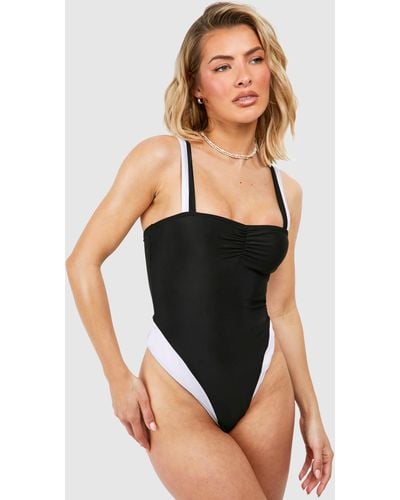 Boohoo Mono Color Block Ruched Bathing Suit - Black