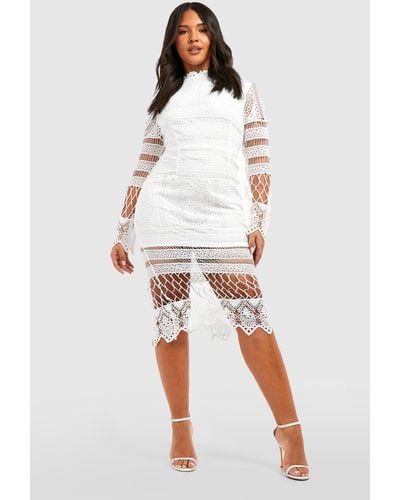 Boohoo Plus Lace Panelled Midi Dress - White