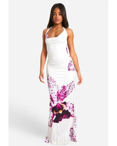 Boohoo Floral Cowl Neck Slinky Maxi Dress - White