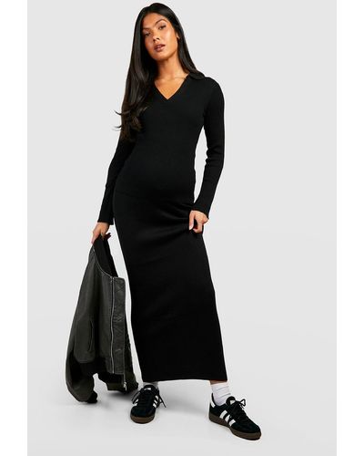 Boohoo Maternity Polo Collar Rib Knit Top And Maxi Skirt Set - Black