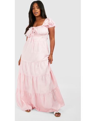 Boohoo Plus Poplin Milkmaid Puff Sleeve Maxi Dress - Pink