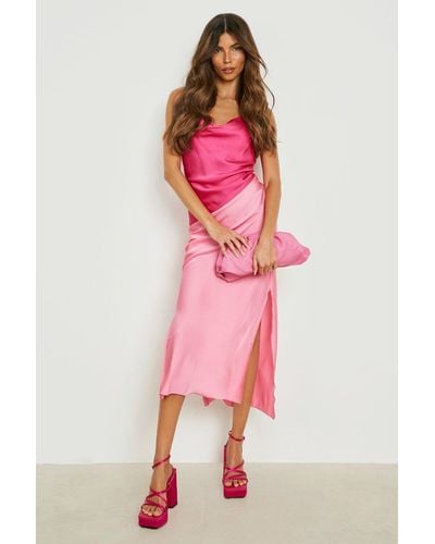 Boohoo Satin Color Block Slip Dress - Pink