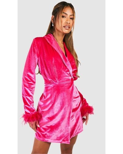 Boohoo Velvet Feather Trim Wrap Blazer Party Dress - Pink
