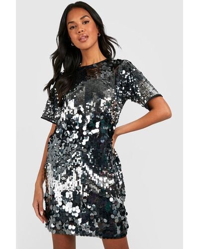 Boohoo Disc Sequin Oversized T-shirt Party Dress - Gray