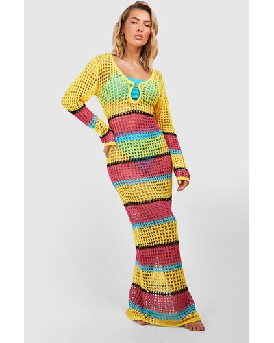 Boohoo Color Block Stripe Crochet Maxi Beach Dress - White