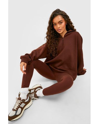 Boohoo Half Zip Sweatshirt And Legging Set - Brown