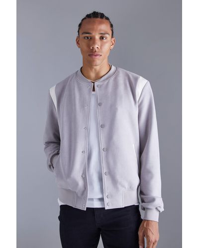 BoohooMAN Tall Suedette Varsity Bomber - Gray