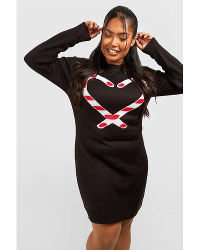 Boohoo Plus Candy Cane Heart Christmas Sweater Dress - Black