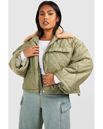 Boohoo Plus Teddy Collar Quilted Puffer Jacket - Green