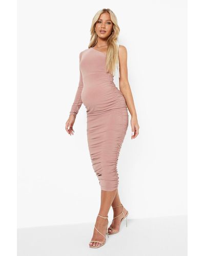 Boohoo Maternity One Shoulder Ruched Midi Dress - Pink