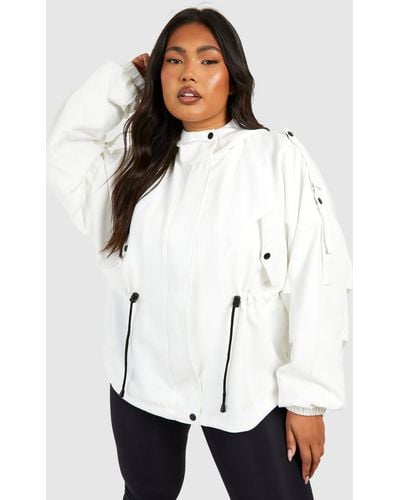 Boohoo Plus Cinched Waist Hooded Jacket - White