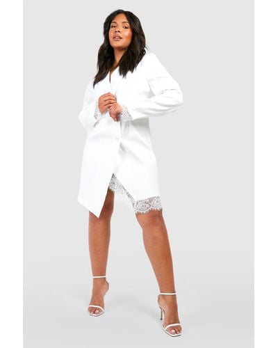 Boohoo Plus Lace Insert Blazer Dress - White