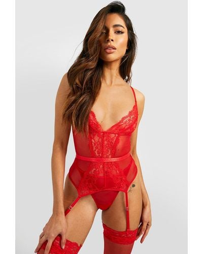 Boohoo Valentines Lace Suspender Basque + Thong Set - Red