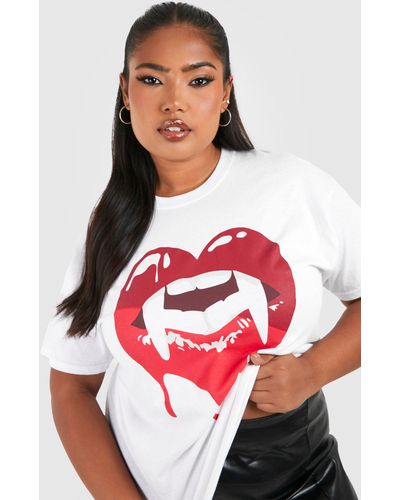 Boohoo Plus Vampire Lips Halloween Printed Oversized T-shirt - White