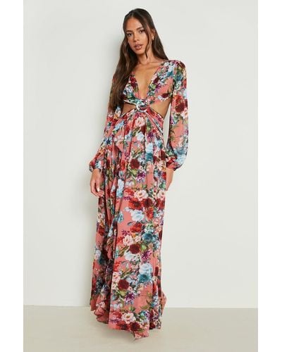 Boohoo Floral Cut Out Open Back Maxi Dress - Red