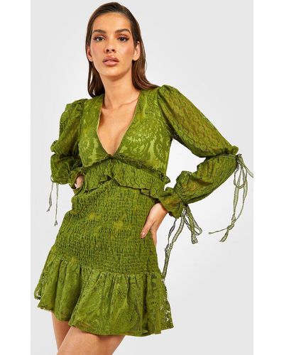 Boohoo Lace Shirred Ruffle Skater Dress - Green